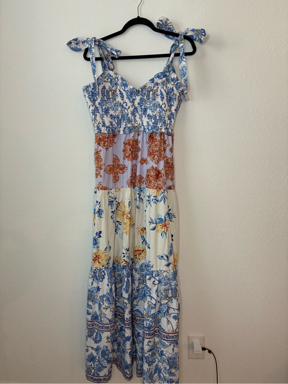 Floral Tiered Maxi Dress with Tie Straps - Blue & Cream